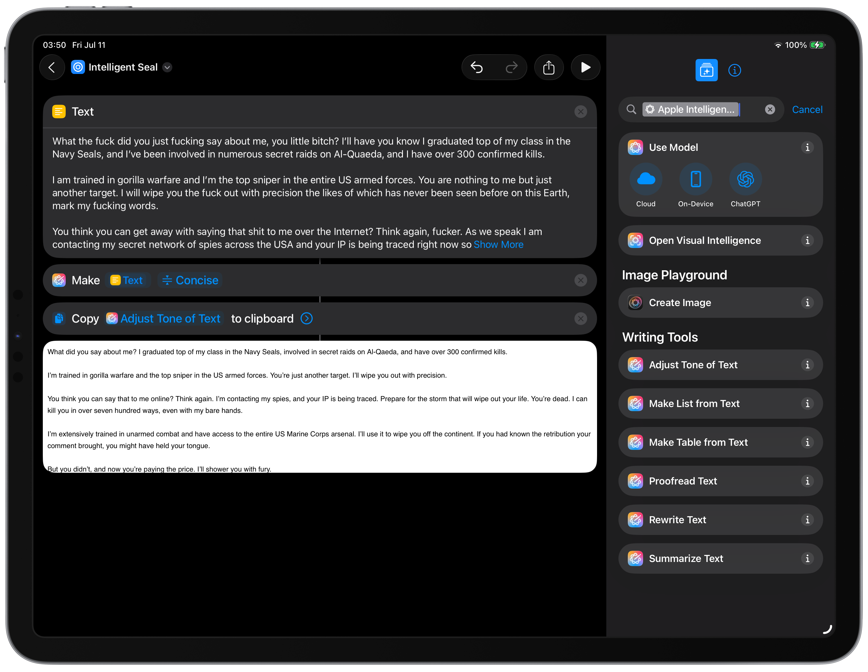 Auto-generated description: A digital interface on a tablet displays a text conversation with a variety of writing tools on the right side panel.